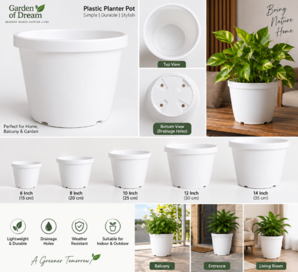 White round plastic planter for indoor and outdoor plants