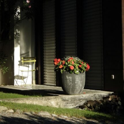 Outdoor planter with flowering plant