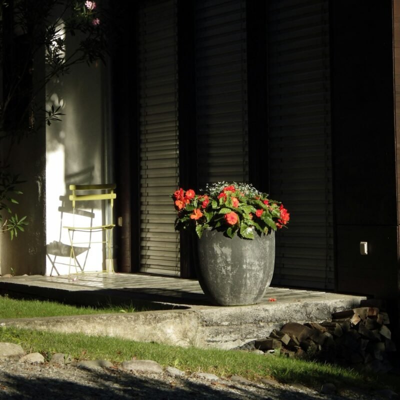 Outdoor planter with flowering plant